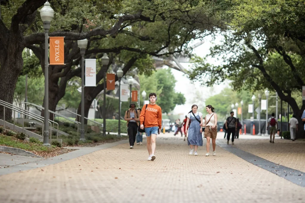 Students walking on Speedway at The University of Texas at Austin