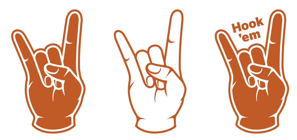 Three burnt orange Hook 'em Hand illustrations