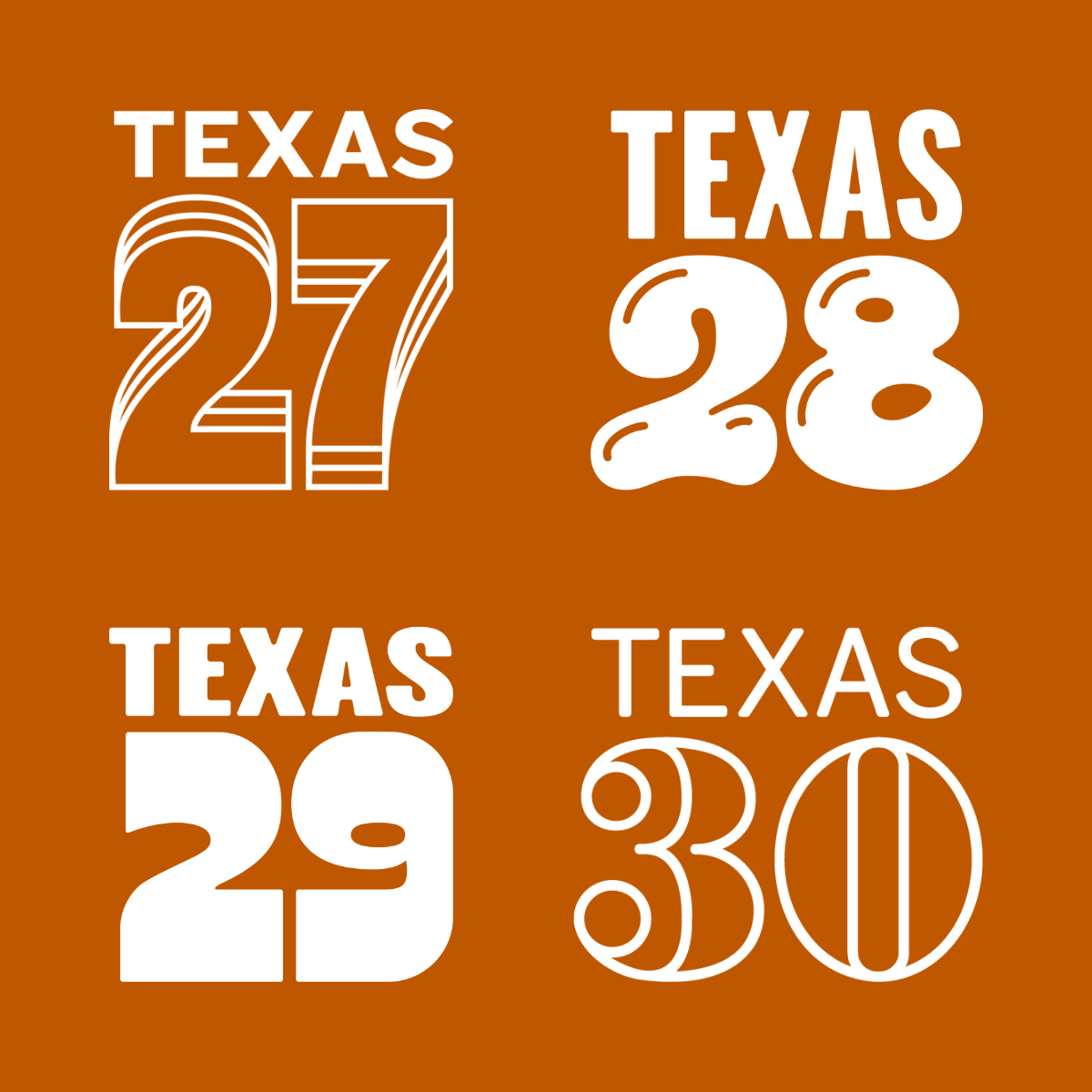 White logos for UT's classes of 2027, 2028, 2029 and 2030 on a burnt orange background